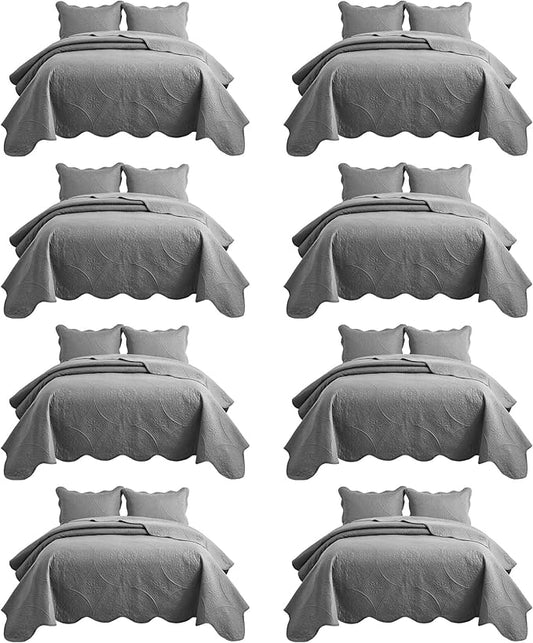 IR Imperial Rooms 8 Pack Quilt King Size Bedding (106" x 96") - Bulk Wholesale for Hotels, Guest Bedroom & Airbnbs - Lightweight Microfiber Reversible Floral Embossed Quilts Bedspreads (Grey)