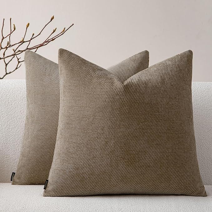 a moment Pack of 2 Decorative Chenille Throw Pillow Covers with Twill Cushion Covers for Sofa Living Room Couch Bed 18x18 Inch Dark Brown