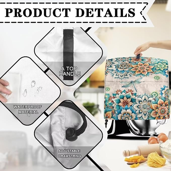 Stand Mixer Covers Compatible with 6-8 Quarts Boho Flower with Dragonfly Kitchen Aid Stand Mixer Dust Protector Cover Organizers with Handle Pocket
