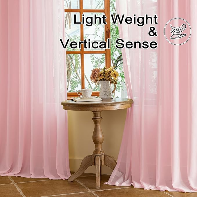 MAIHER Pink Pleated Sheer Curtains 96 Inches Long for Girls Bedroom Light Filtering Soft Touch Textured Pinch Pleat Drapes with Ajustable Hooks, Pink, 42" W x 96" L, 2 Panels