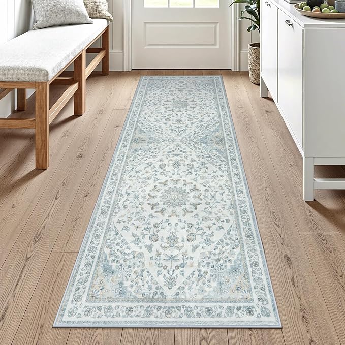 Moynesa Vintage Washable Blue 2x6 Hallway Runner Rug, Neutral Distressed Oriental Runner for Entryway Kitchen Bathroom Bedroom, Low Pile Soft Non-Slip Carpets for Nursery Laundry