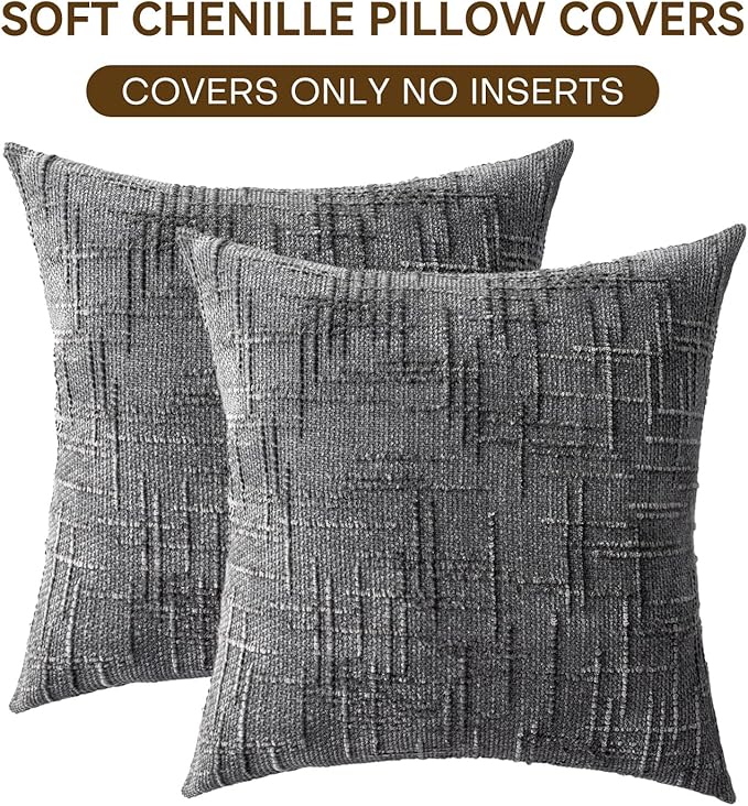 Decorative Throw Pillow Covers 18x18 Inch Set of 2, Soft Solid Farmhouse Chenille Couch Pillows, Spring Pillow Covers for Couch Sofa Bed Living Room Home Decor Pillowcase, Dark Gray
