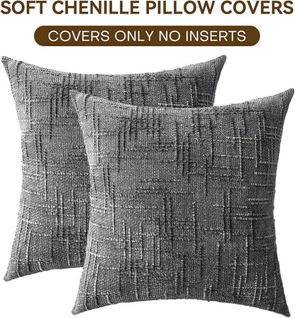 Decorative Throw Pillow Covers 18x18 Inch Set of 2, Soft Solid Farmhouse Chenille Couch Pillows, Spring Pillow Covers for Couch Sofa Bed Living Room Home Decor Pillowcase, Dark Gray
