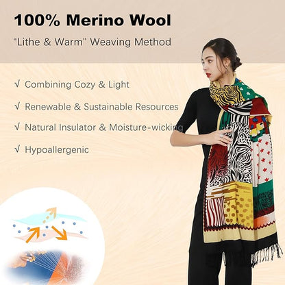 DANA XU 100% Merino Wool Pashmina Shawl for Women 96"x43", Oversized Cashmere Wrap with Tassels, Floral Travel Blanket Cape