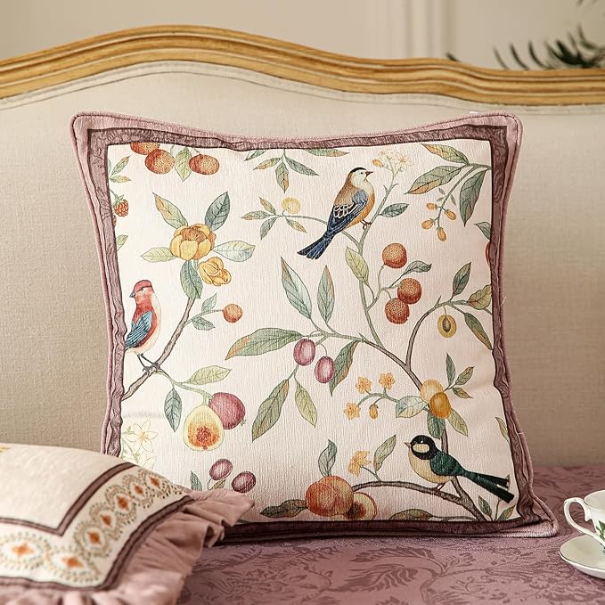 Square Pink Farmhouse Throw Pillow Covers Pack of 2,Birds and Flowers Pattern Cozy Velvet Pillowcases,Decoration Pillows Cushion Covers for Couch Sofa Bed Car Chair,18"x18"