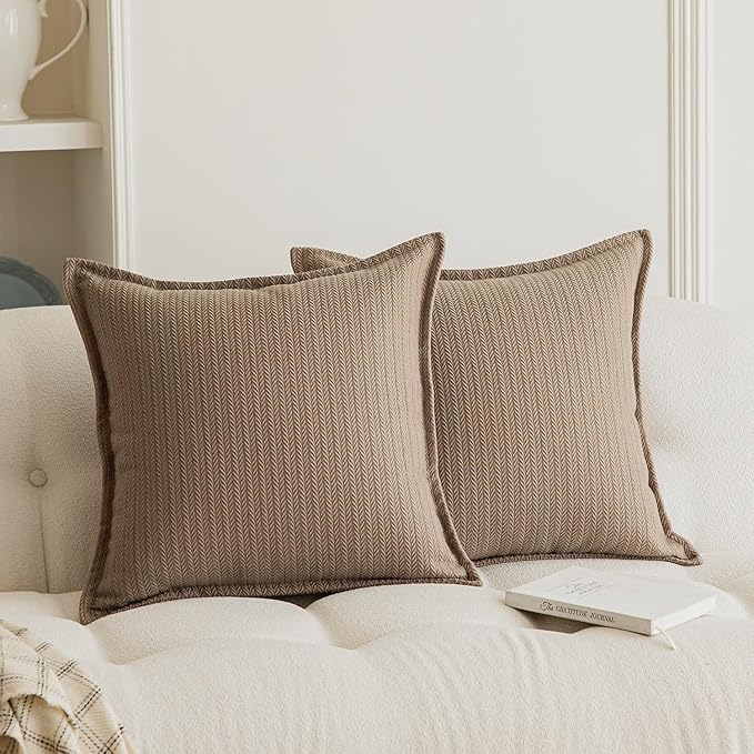 Set of 2 Cozy Striped Herringbone Flange Throw Pillow Covers, Aesthetic Embossed Pattern Pillow Covers for Couch and Bed - 18"x18", Taupe
