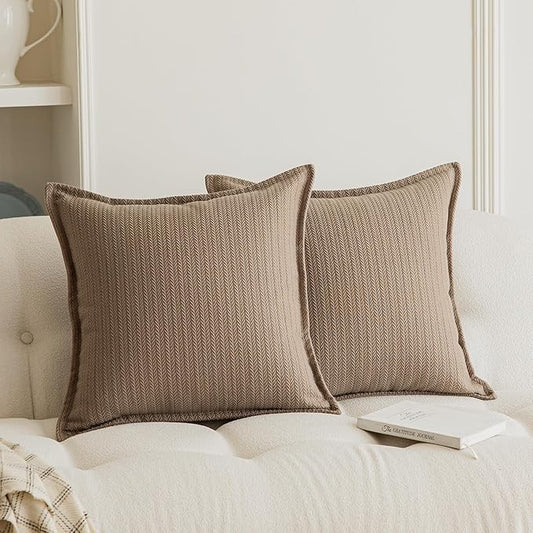 Set of 2 Cozy Striped Herringbone Flange Throw Pillow Covers, Aesthetic Embossed Pattern Pillow Covers for Couch and Bed - 18"x18", Taupe
