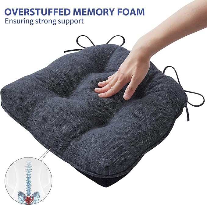 Chair Cushions for Dining Chairs Set of 6, Kitchen Chair Cushions, Chair Pads with Ties and Non Slip Backing, Tufted Memory Foam Seat Cushion 6 Pack, 15.5" x 15.5" x 4", Navy Blue