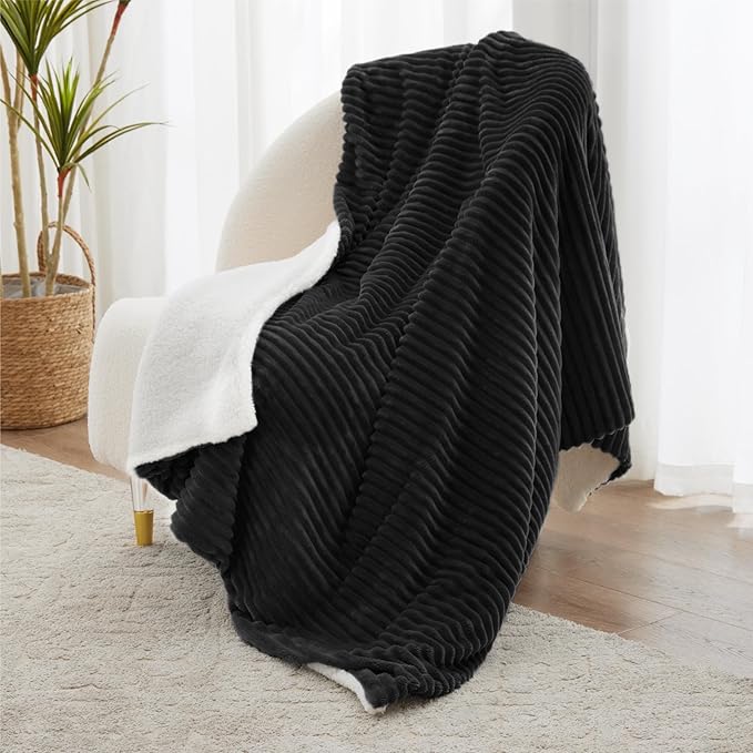 Sherpa Twin Blanket - Soft Cozy Fleece, Warm for Winter, Reversible for Sofa, Black, 60 x 80 Inches