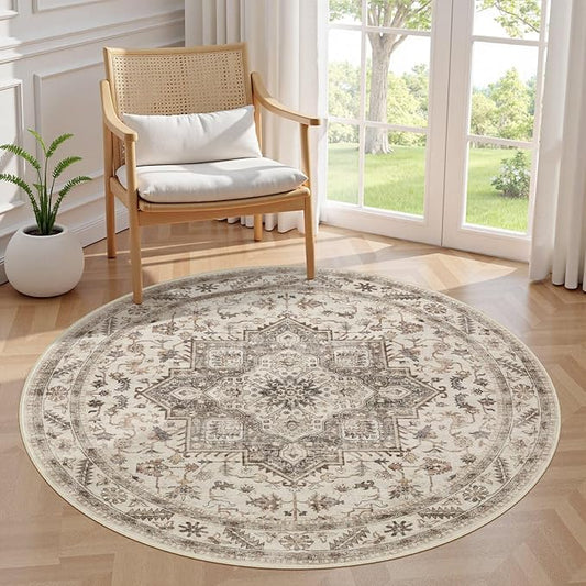5ft Round Vintage Living Room Area Rug - 5x5 Large Soft Washable Oriental Traditional Distressed Farmhouse Rugs for Bedroom - Indoor Floor Accent Carpet for Home Office House Decor - Light Brown