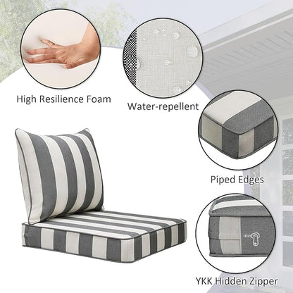 Outdoor Patio Chair Cushions Set, 22" x 22", Set of 2, Water-Repellent, Fade Resistant, Deep Seat Bottom and Back Cushion for Backyard, Couch, Sofa and Patio Furniture, Gray Stripe