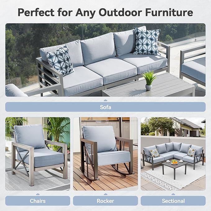 Luxury 6" Outdoor Cushions for Patio Furniture, 24x24x6" Thick Seat Cushion Set of 8, Fade Resistant Couch Chair Replacement Cushions High Density Wicker Chair Cushion w/ Removable Cover Baby Blue
