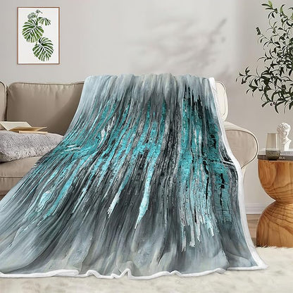 Abstract Throw Blankets, Modern Teal Gold CrackNon Cozy Warm Bed Couch Blanket, Stripe Contemporary Abstract Painting White Fleece Flannel Throws to Decorate The Room and Bedroom