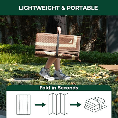 FXW Camping Rug, 8' x 10' Large Waterproof Portable RV Mat, Easy-to-Clean Straw Plastic Mat for Outdoor, Patio, Backyard, Deck, Picnic, Beach, Trailer, Brown & Beige