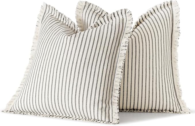 MIULEE Pack of 2 Gray Pillow Covers 26x26 Inch Striped Farmhouse Couch Throw Pillow Covers with Fringe Chic Linen Decorative Cushion Eruo Sham for Sofa Living Room Bed Outdoor Home Decor