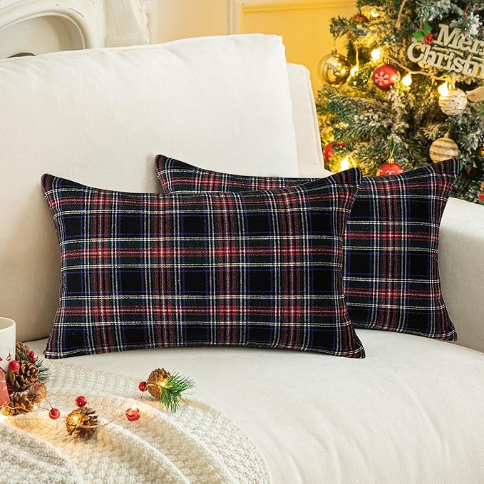 AQOTHES Pack of 2 Christmas Plaid Decorative Throw Pillow Covers Scottish Tartan Cushion Case for Farmhouse Home Holiday Decor Red and Black, 12 x 20 Inches