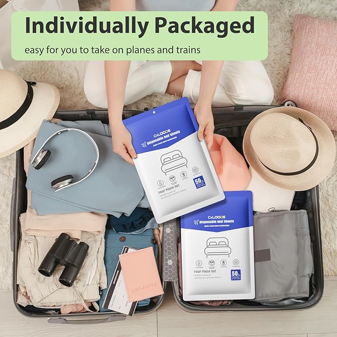 4 PCS Disposable Bed Sheet Queen Size, Travel Sheet for Hotel, Disposable Sheet for Travel Bedding Cover Portable Sheet with 1 Quilt Cover, 1 Sheet and 2 Pillowcase for Travel Business Trip Spa Hotel