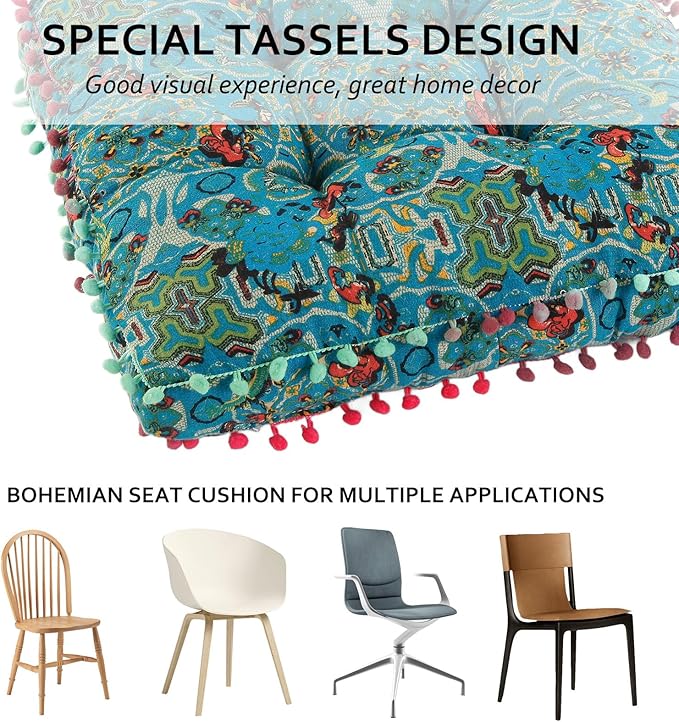 Bohemian Seat Cushion，Indoor & Outdoor 16.5" x 16.5" Seating Cushion for Dinning Chairs, Decorative with Tassels(2Pcs, Green)