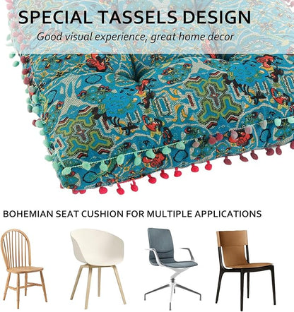 Bohemian Seat Cushion，Indoor & Outdoor 16.5" x 16.5" Seating Cushion for Dinning Chairs, Decorative with Tassels(2Pcs, Green)
