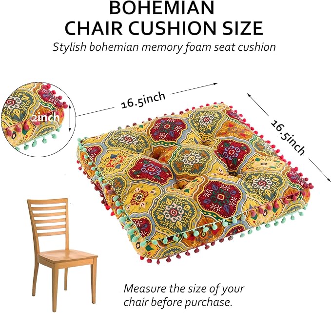 Bohemian Seat Cushion，Indoor & Outdoor 16.5" x 16.5" Seating Cushion for Dinning Chairs, Decorative with Tassels(2Pcs,Yellow)