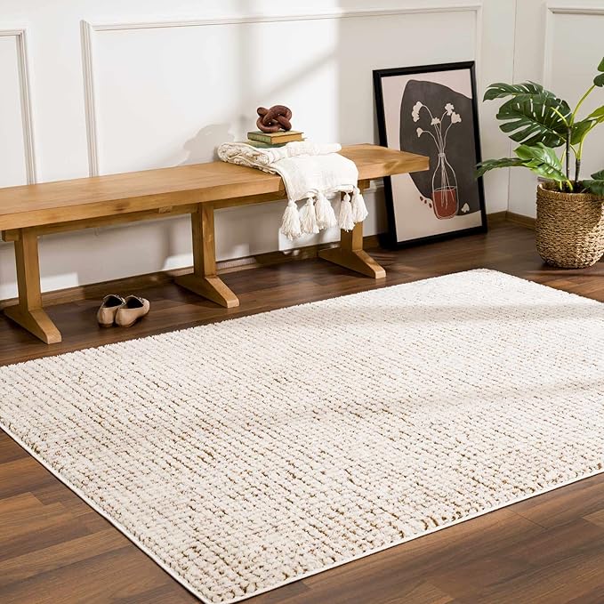 Hauteloom Keita Contemporary Mosaic Area Rug - High Pile Fluffy Soft Shag Carpet for Living Room, Bedroom - Cream, Brown - 18" x 18" Sample