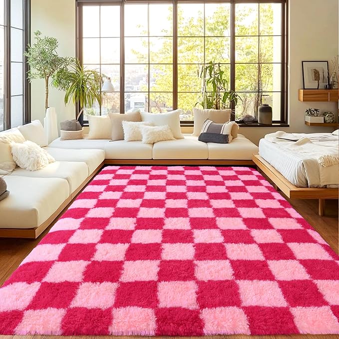 Area Rugs for Living Room, Soft Shaggy Carpets for Living Room, Fuzzy Rugs for Kids' Room, Perfect Decor for Modern Home Hot Pink Grid 4x6 Feet