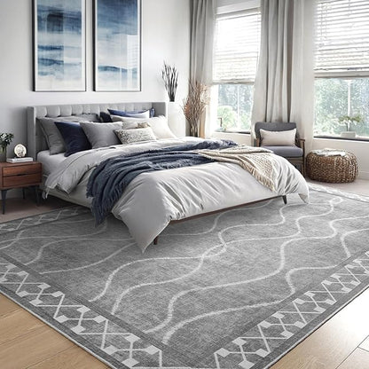 Washable Area Rug 8x10, Non-Slip Rugs for Living Room Bedroom, Low Pile Large Soft Alfombras, Modern Bordered Home Floor Rugs for Kids Playroom Office Dining Room Farmhouse, Light Grey