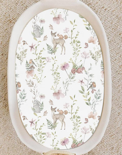 Bassinet Sheets for Baby Girls Boys 2 Pack, Fitted Baby Mattress Sheet for Rectangle, Oval, Hourglass Bassinet Mattress, Breathable Cozy & Universal Fit (Floral Fawn)