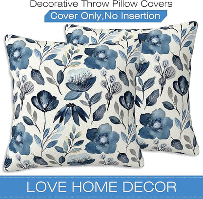 Throw Pillow Covers Blue Floral Pillow Covers 16x16 Inch Set of 2 Throw Pillows Decorative Pillow Cases Cushion Covers for Bedroom Livingroom Sofa Farm House