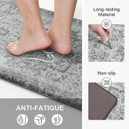 GENIMO Kitchen Mats for Floor 2PCs, Washable Anti Fatigue Mat for Cushioned, 17.3"x59"+17.3"x30", Waterproof Kitchen Rugs, Non Slip Standing Mat Rug for Home, Runner, Sink, Laundry, Vintage Grey