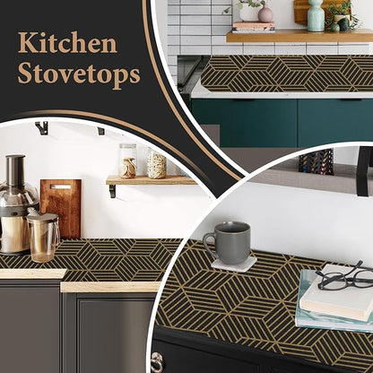 Shelf Liners for Kitchen Cabinets 17in x 20FT, Non Adhesive Cabinet Liner Strong Non-Slip Black Gold Geometric Drawer Liner, Easy to Clean for Shelf, Cabinet with Knife and Tape Measure