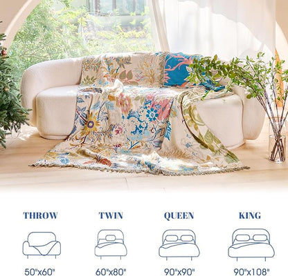 MSGKV Boho Throw Blanket for Bed Cotton 60"x80" Floral Blanket Twin Size Couch All Seasons Muslin Breathable Lightweight Farmhouse Blankets