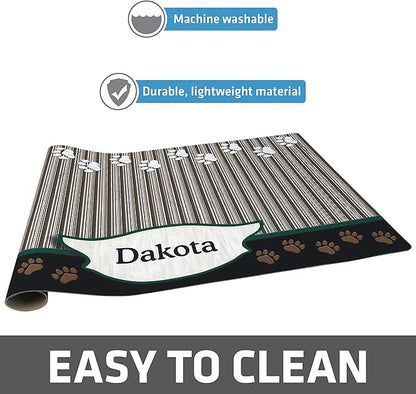 Drymate Personalized Pet Bowl Placemat, Custom Dog & Cat Food Feeding Mat - Absorbent Fabric, Waterproof Backing - Machine Washable/Durable (USA Made) (16" x 28") (Green Tan Paw)