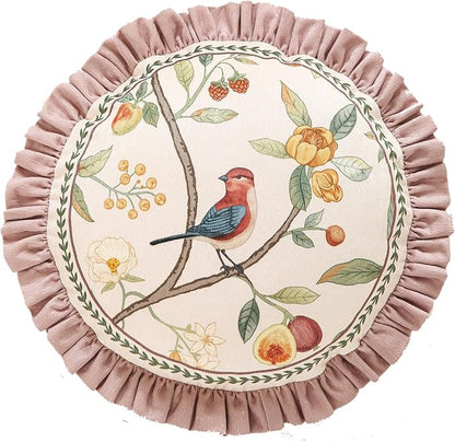 Pink Farmhouse Round Throw Pillow Covers, Birds and Flowers Pattern Cozy Velvet Pillowcases,Decoration Pillows Cushion Covers for Couch Sofa Bed Car Chair,Diameter 16"