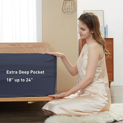 Sunflower Queen Fitted Sheet, 1-Piece Extra Deep Pocket Fitted Bottom Sheet 22", 100% Cotton Sateen Soft Breathable, Blue Indigo