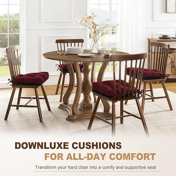 downluxe Indoor Chair Cushions for Dining Chairs, Tufted Overstuffed Textured Foam Kitchen Chair Pads with Ties and Non-Slip Backing, 15.5" x 15.5" x 4", Burgundy, 4 Pack