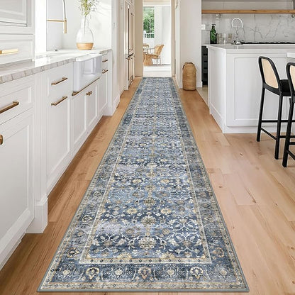 KUTA Vintage Washable Long Runner Rug, 2.6x18 Blue Grey Beige Runners for Hallways Non-Slip Kitchen Rugs Ultra Thin Soft Printed Distressed Floral Floor Carpet for Bedroom Living Room Nursery