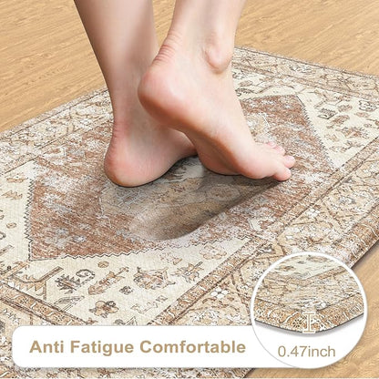 KIMODE Anti Fatigue Kitchen Mats for Floor, Farmhouse Kitchen Rugs Sets of 2, Cushioned Kitchen Floor Mats, Comfort Standing Mats for Sink Laundry Office Desk Khaki 20"x71"+20"x32"