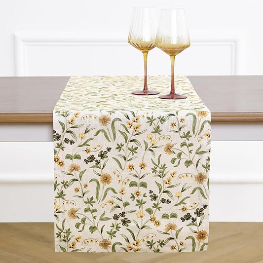 Solino Home 100% Pure Linen Table Runner 132 Inches Long - Multicolor Floral Print Table Runner 14 x 132 Inch - Handcrafted and Machine Washable - Fall Botanical Print
