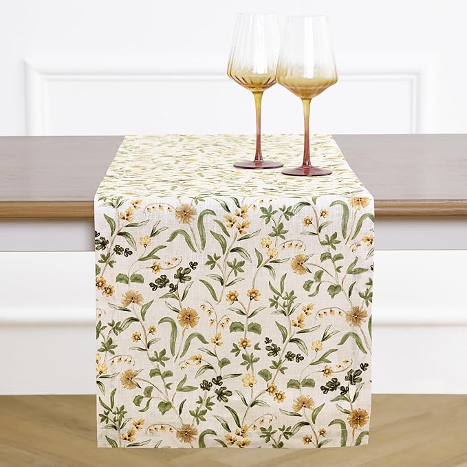 Solino Home 100% Pure Linen Table Runner 108 Inches Long - Multicolor Floral Print Table Runner 14 x 108 Inch - Handcrafted and Machine Washable - Fall Botanical Print