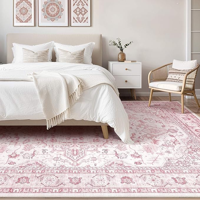 Pink Rugs for Bedroom Girls: 8x10 Washable Boho Large Neutral Cute Soft Area Rug Stain Resistant Floral Farmhouse Non Slip Indoor Floor Carpet for Living Room Nursery Kids Playroom Preppy Room Dorm