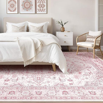 Pink Rugs for Bedroom Girls: 8x10 Washable Boho Large Neutral Cute Soft Area Rug Stain Resistant Floral Farmhouse Non Slip Indoor Floor Carpet for Living Room Nursery Kids Playroom Preppy Room Dorm