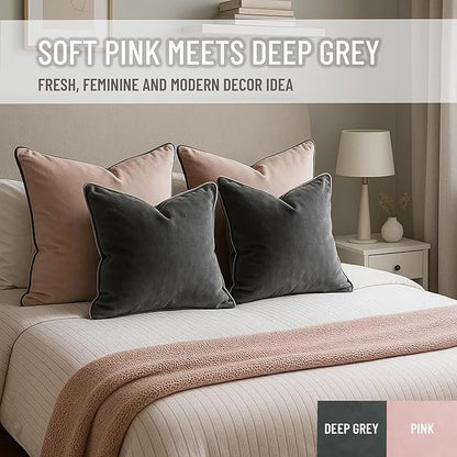 2 Pack Velvet Decorative Throw Pillow Covers, 12"x20", Deep Grey, Solid, Modern, Contrast Piping, Indoor Use, Bedroom & Living Room
