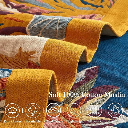 Teal Boho Blanket, 80"x90" Soft Farmhouse Decorative Throw Blanket, 100% Cotton Reversible Vintage Muslin Quilt Bohemian Decor Woven Blanket All Season Blankets for Sofa Couch Chair