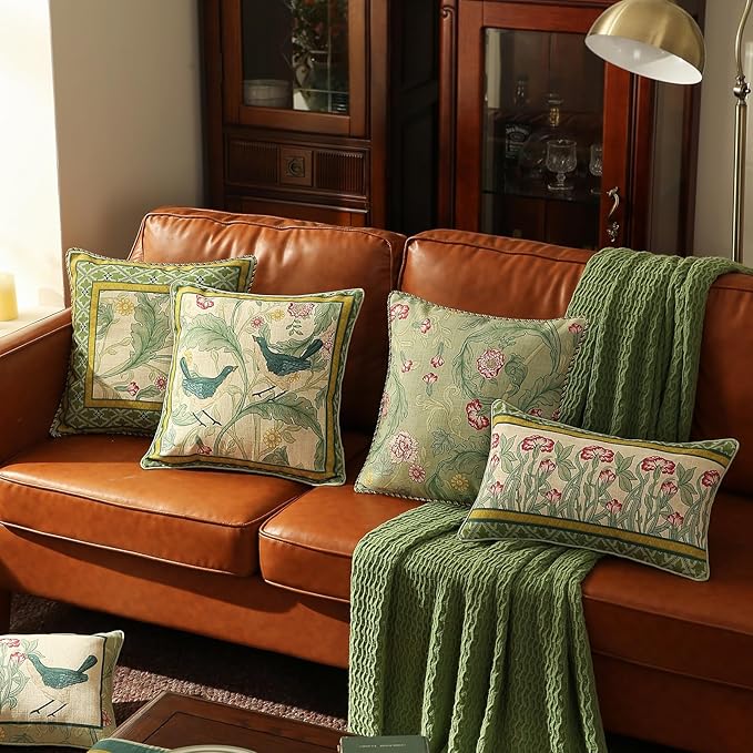 patdrea Designer Pack of 2 Rectangle Throw Pillow Covers,French Vintage Rustic Linen with Green Floral Pattern Pillows Cover,Decorative Lumbar Pillowcases Cushion for Bed Living Room,12"x20"