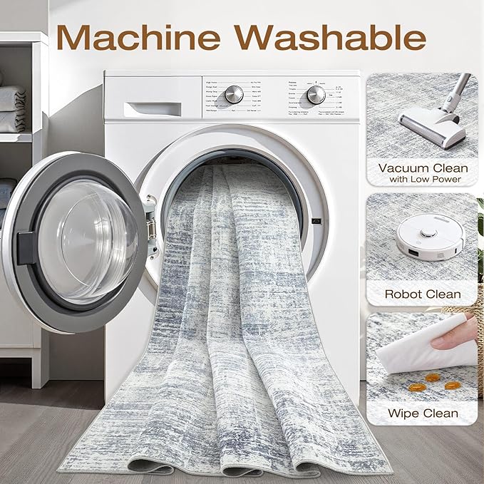 4x6 Rug Washable Area Rugs: Neutral Abstract Soft Modern Stain Resistant Small Indoor Floor Non-Slip Low Pile Throw Carpet for Entryway Kitchen Bedroom Nursery Kids Office Playroom Home House- Blue