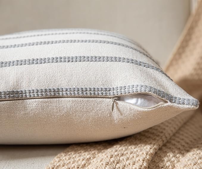 Caflife Boho Throw Pillow Covers 18x18 Set of 2 Soft Farmhouse Decorative Couch Pillow Cases Grey Striped Pillow Covers Neutral Cushion Covers for Sofa Bed Living Room Home Decor