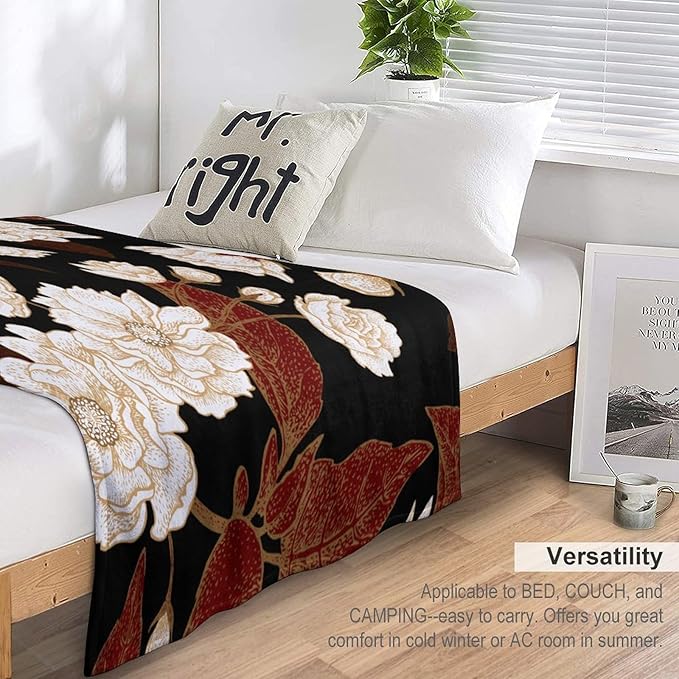 Red Gold Floral Blanket, Boho Dark Flower Leaves Chinese Plum Blossoms Botanical Vintage Throw Blanket for Bed Living Room Bedding Couch Soft Lightweight Warm Cozy Decor, 30"x40"