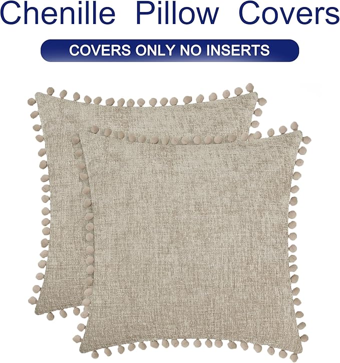 CaliTime Throw Pillow Covers Decorative 22 X 22 Inches Pack of 2 Cozy Solid Dyed Soft Chenille Cushion Cases with Pom Poms for Couch Sofa Bed Living Room Home Taupe