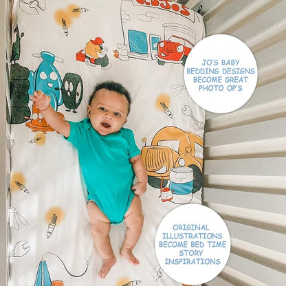 JumpOff Jo - Fitted Crib Sheet, Super Soft 100% Cotton Sheet for Standard Crib Mattresses and Toddler Beds, 28 in. x 52 in., Storytelling Designs - Jo's Garage (White)
